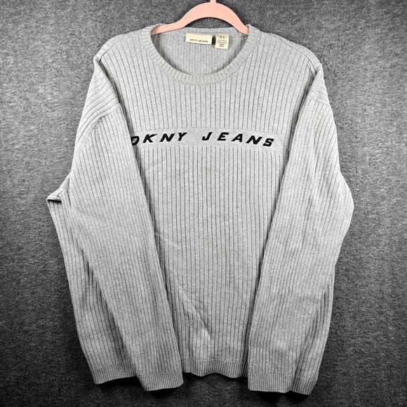 DKNY‎ Jeans Sweater Womens XL Gray Logo Ribbed Oversized Heavyweight Y2K Baggy - Picture 1 of 11